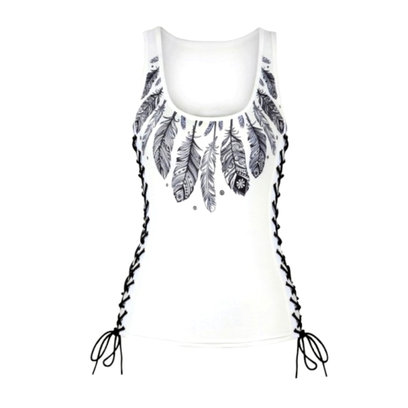 Boho Feathers Side Lace Up Tank Top - Picture 1 of 3